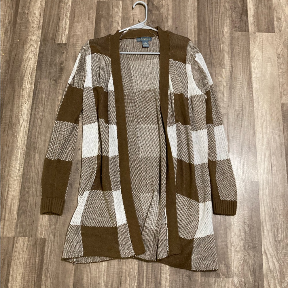Brown and White Checkered Cardigan
